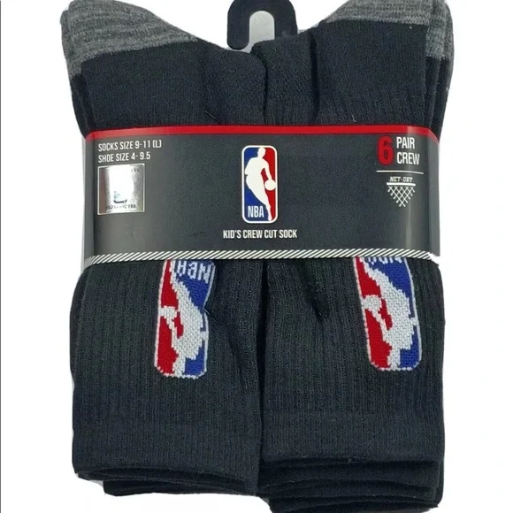 NBA Kids Boys Crew Socks Dry Logo Basketball Black Athlete Pack Shoe Sz  9-4